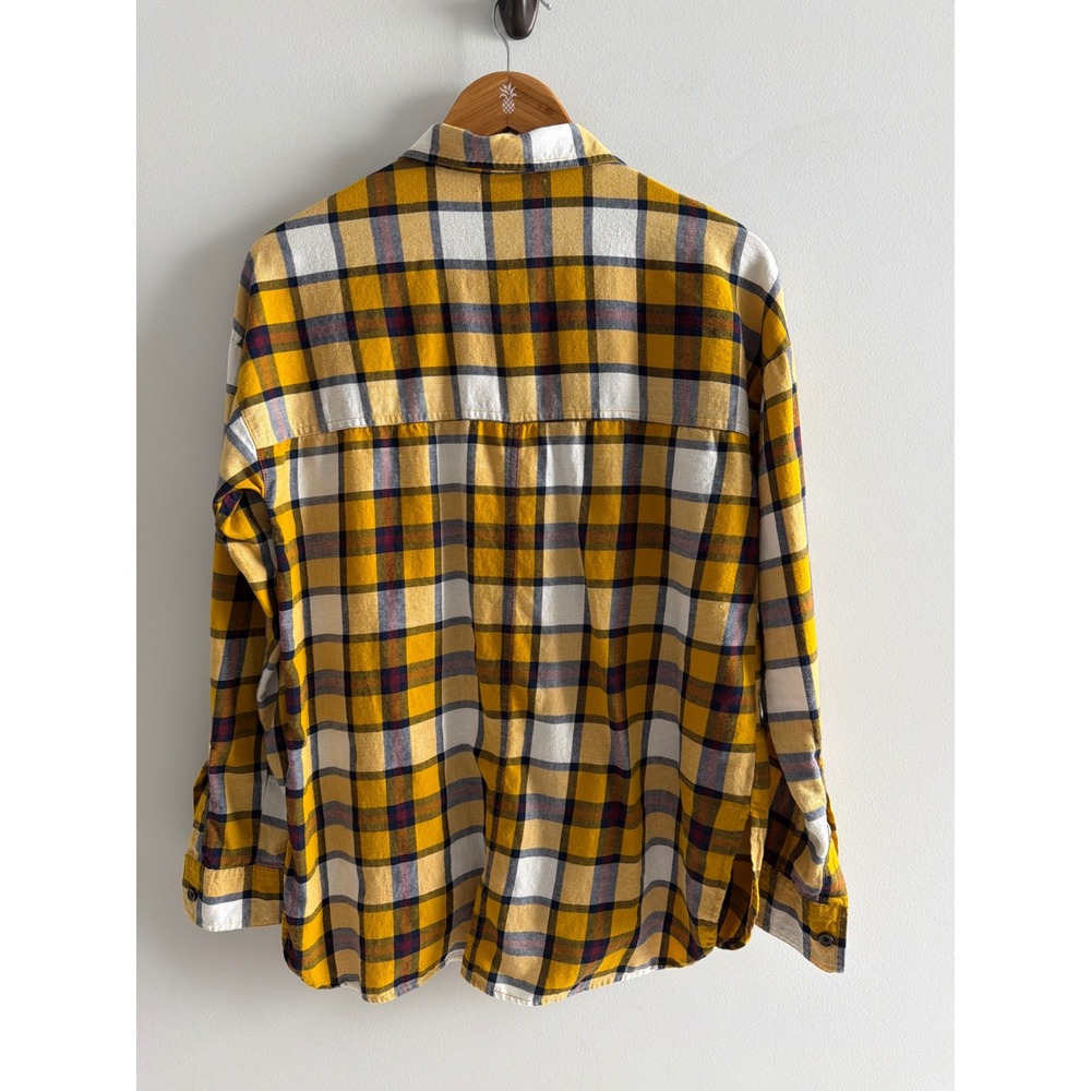 Old Navy Flannel Shirt Yellow Plaid Cotton Boyfriend Oversized Henley Blouse M - Picture 3 of 8